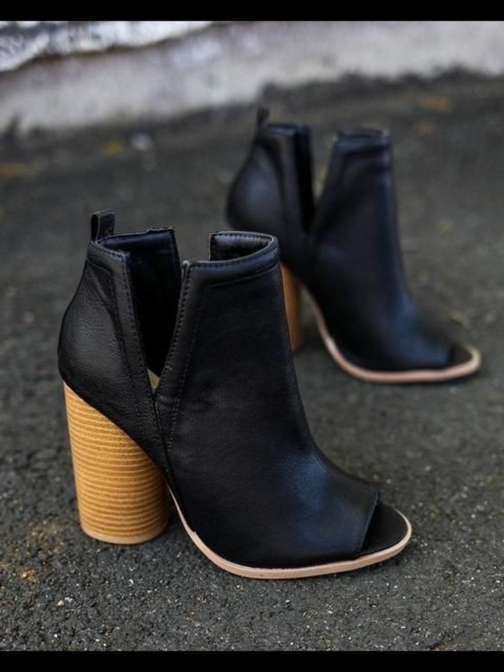 Women's Black Peep-Toe Stacked Heel Booties